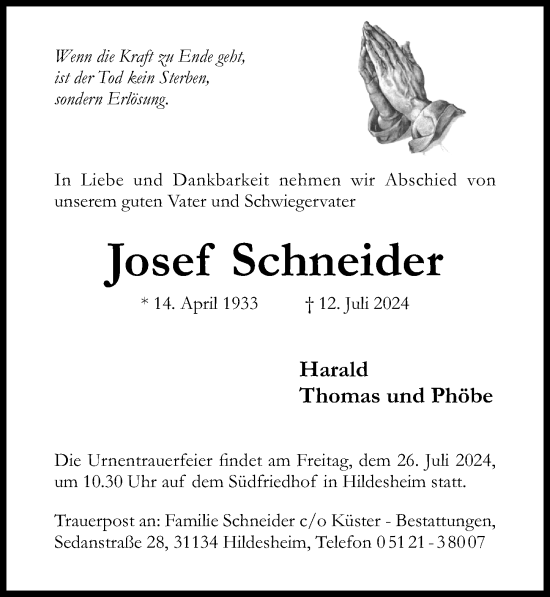 Traueranzeige von Josef Schneider von Hildesheimer Allgemeine Zeitung