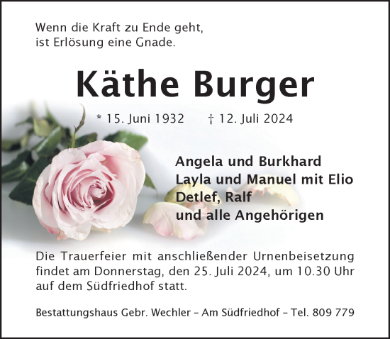 Traueranzeige von Käthe Burger von Hildesheimer Allgemeine Zeitung