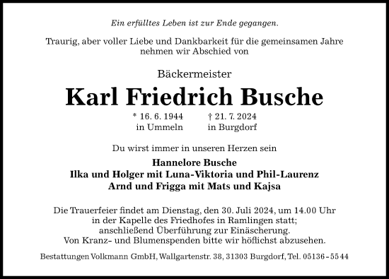 Traueranzeige von Karl Friedrich Busche von Hildesheimer Allgemeine Zeitung