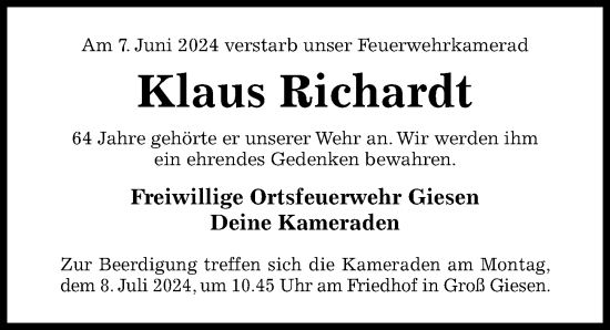 Traueranzeige von Klaus Richardt von Hildesheimer Allgemeine Zeitung