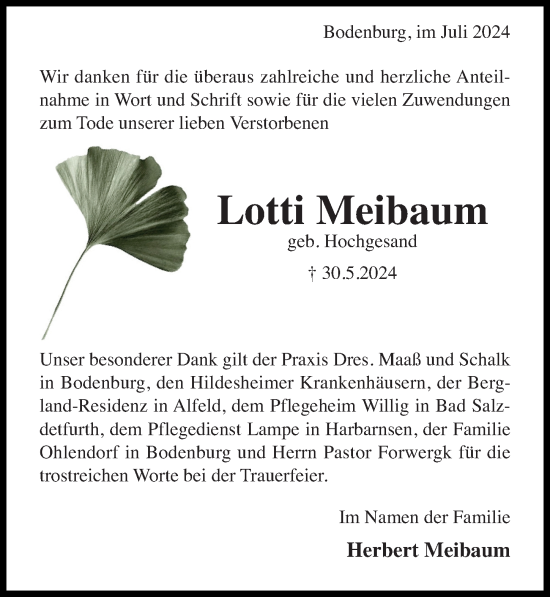 Traueranzeige von Lotti Meibaum von Hildesheimer Allgemeine Zeitung