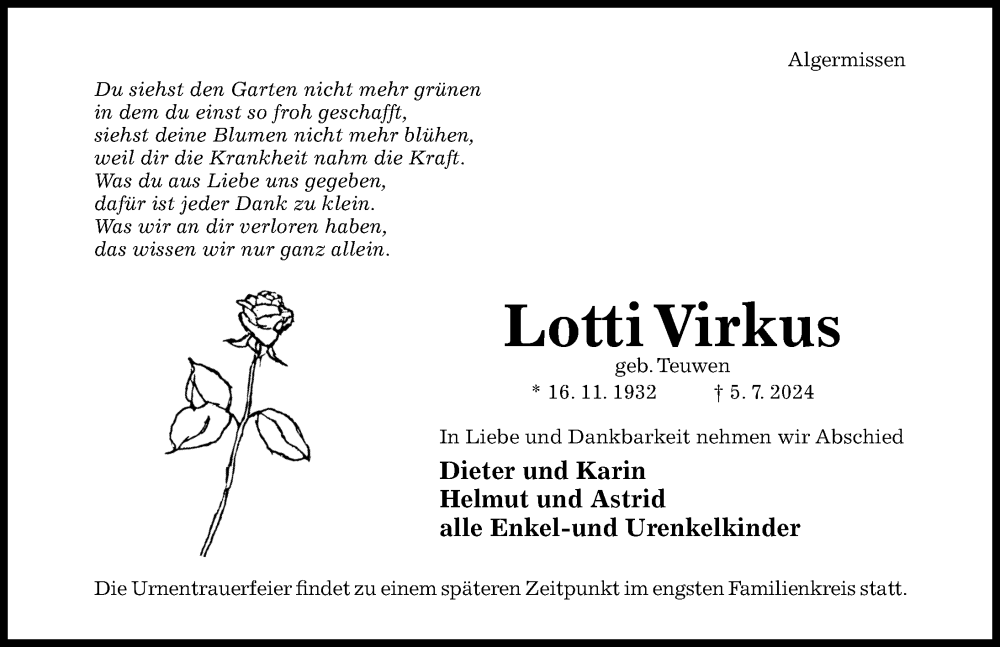  Traueranzeige für Lotti Virkus vom 10.07.2024 aus Hildesheimer Allgemeine Zeitung