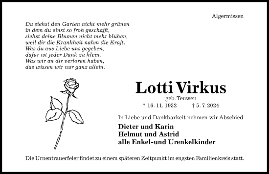 Traueranzeige von Lotti Virkus von Hildesheimer Allgemeine Zeitung