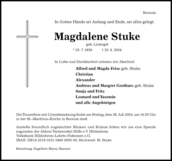 Traueranzeige von Magdalene Stuke von Hildesheimer Allgemeine Zeitung