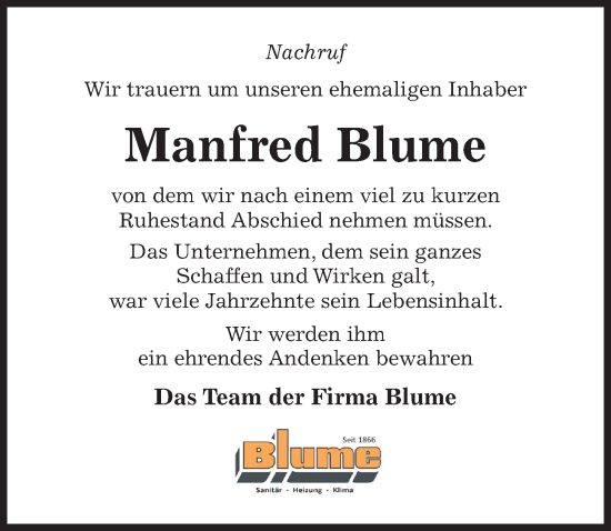 Traueranzeige von Manfred Blume von Hildesheimer Allgemeine Zeitung