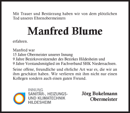 Traueranzeige von Manfred Blume von Hildesheimer Allgemeine Zeitung