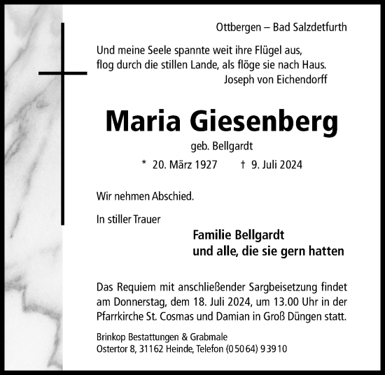 Traueranzeige von Maria Giesenberg von Hildesheimer Allgemeine Zeitung