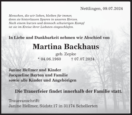 Traueranzeige von Martina Backhaus von Hildesheimer Allgemeine Zeitung