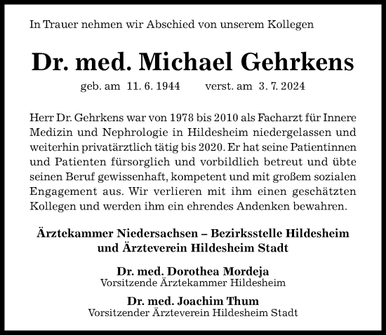 Traueranzeige von Michael Gehrkens von Hildesheimer Allgemeine Zeitung