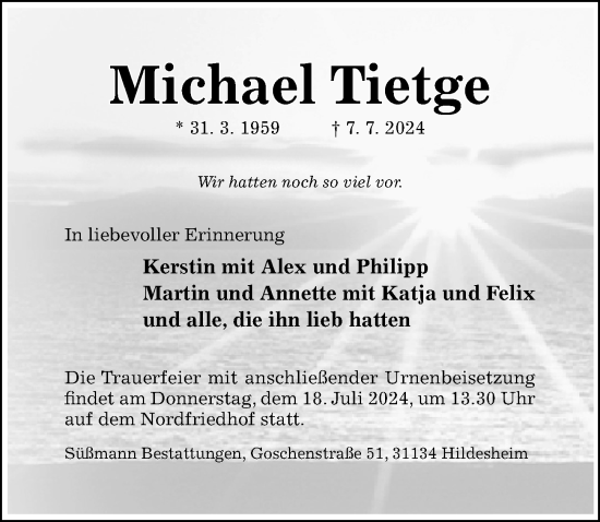 Traueranzeige von Michael Tietge von Hildesheimer Allgemeine Zeitung