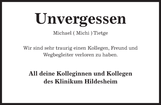 Traueranzeige von Michael Tietge von Hildesheimer Allgemeine Zeitung