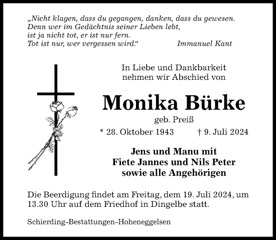 Traueranzeige von Monika Bürke von Hildesheimer Allgemeine Zeitung