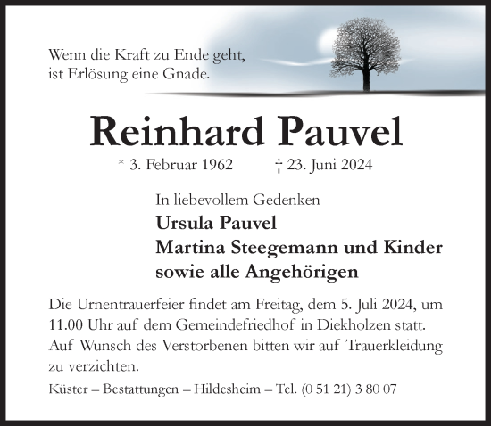 Traueranzeige von Reinhard Pauvel von Hildesheimer Allgemeine Zeitung