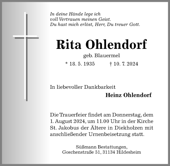 Traueranzeige von Rita Ohlendorf von Hildesheimer Allgemeine Zeitung
