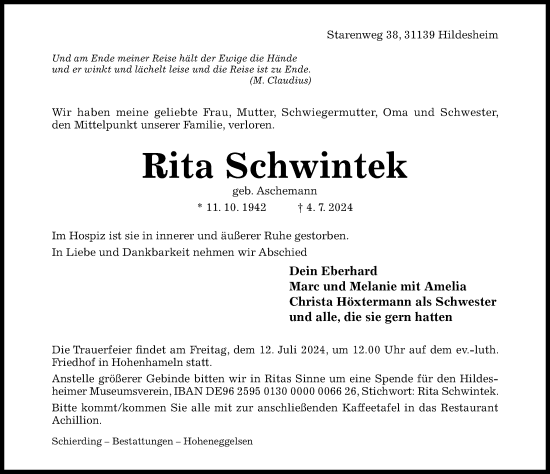 Traueranzeige von Rita Schwintek von Hildesheimer Allgemeine Zeitung