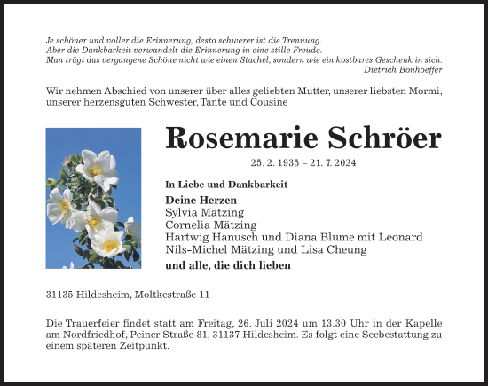 Traueranzeige von Rosemarie Schröer von Hildesheimer Allgemeine Zeitung