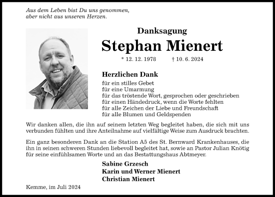 Traueranzeige von Stephan Mienert von Hildesheimer Allgemeine Zeitung