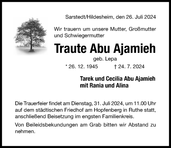 Traueranzeige von Traute  Abu Ajamieh von Hildesheimer Allgemeine Zeitung