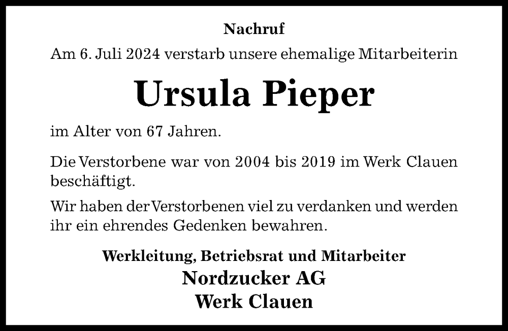  Traueranzeige für Ursula Pieper vom 20.07.2024 aus Hildesheimer Allgemeine Zeitung