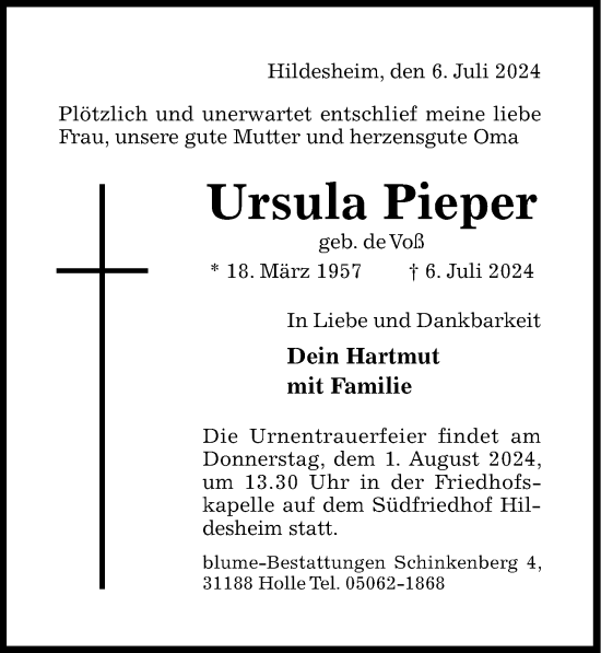 Traueranzeige von Ursula Pieper von Hildesheimer Allgemeine Zeitung