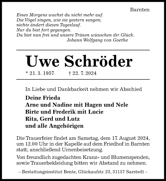 Traueranzeige von Uwe Schröder von Hildesheimer Allgemeine Zeitung