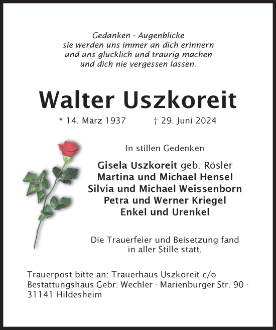 Traueranzeige von Walter Uszkoreit von Hildesheimer Allgemeine Zeitung