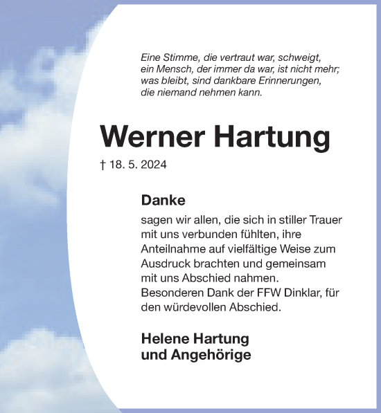 Traueranzeige von Werner Hartung von Hildesheimer Allgemeine Zeitung