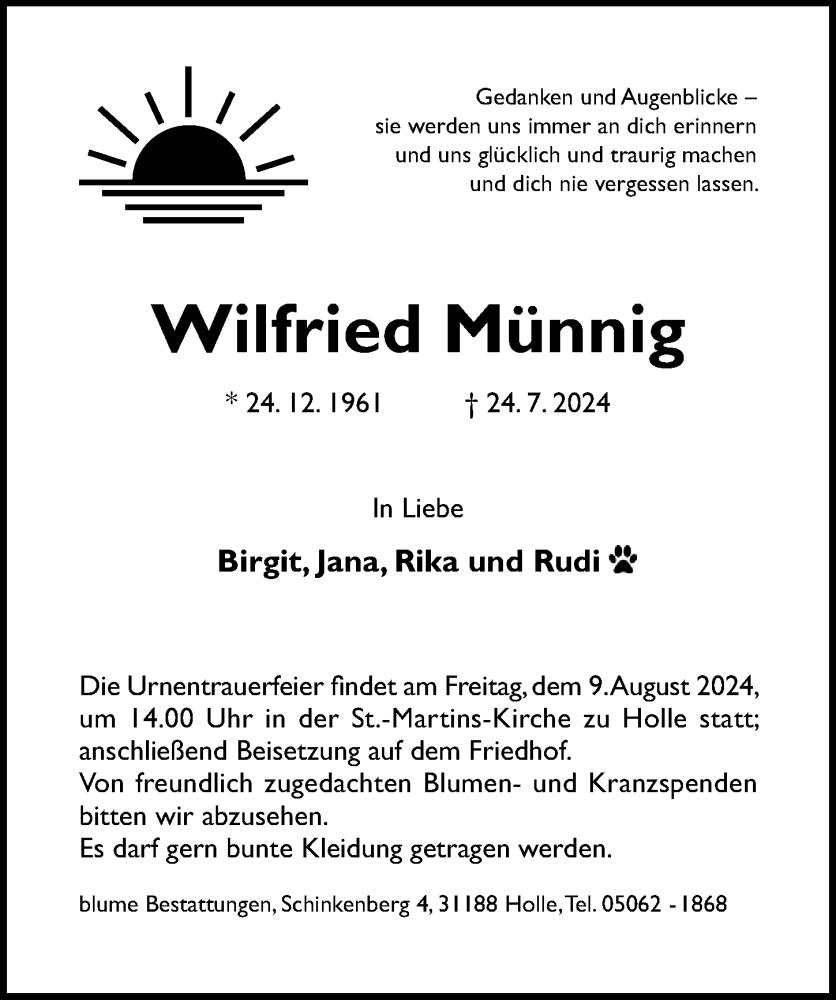  Traueranzeige für Wilfried Münnig vom 31.07.2024 aus Hildesheimer Allgemeine Zeitung