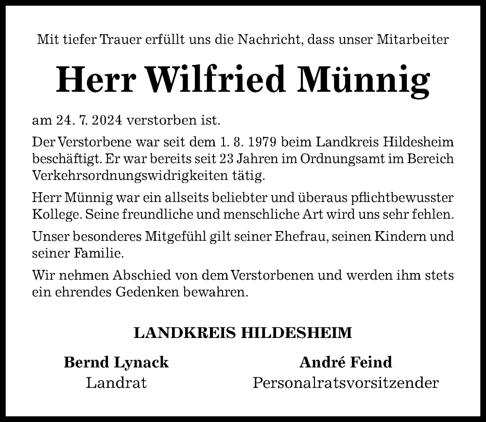  Traueranzeige für Wilfried Münnig vom 31.07.2024 aus Hildesheimer Allgemeine Zeitung