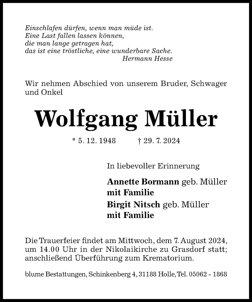  Traueranzeige für Wolfgang Müller vom 31.07.2024 aus Hildesheimer Allgemeine Zeitung