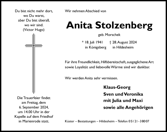 Traueranzeige von Anita Stolzenberg von Hildesheimer Allgemeine Zeitung