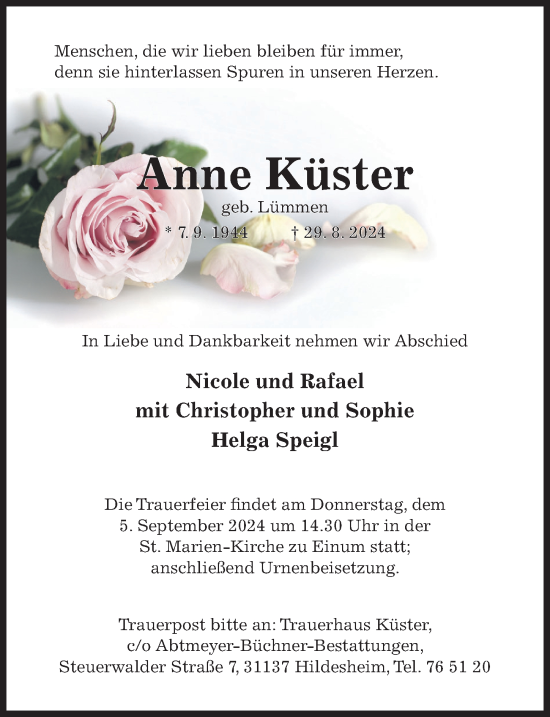 Traueranzeige von Anne Küster von Hildesheimer Allgemeine Zeitung