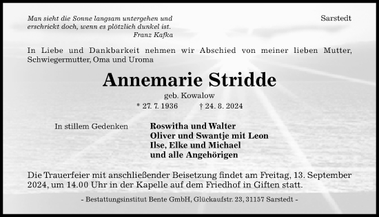 Traueranzeige von Annemarie Stridde von Hildesheimer Allgemeine Zeitung