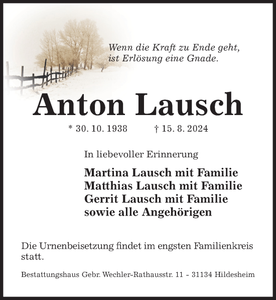 Traueranzeige von Anton Lausch von Hildesheimer Allgemeine Zeitung