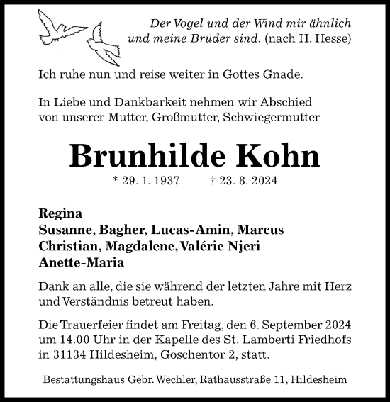 Traueranzeige von Brunhilde Kohn von Hildesheimer Allgemeine Zeitung