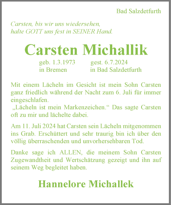 Traueranzeige von Carsten Michallik von Hildesheimer Allgemeine Zeitung