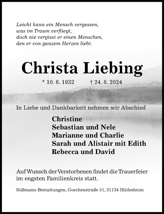 Traueranzeige von Christa Liebing von Hildesheimer Allgemeine Zeitung