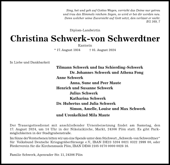 Traueranzeige von Christina Schwerk-von Schwerdtner von Hildesheimer Allgemeine Zeitung