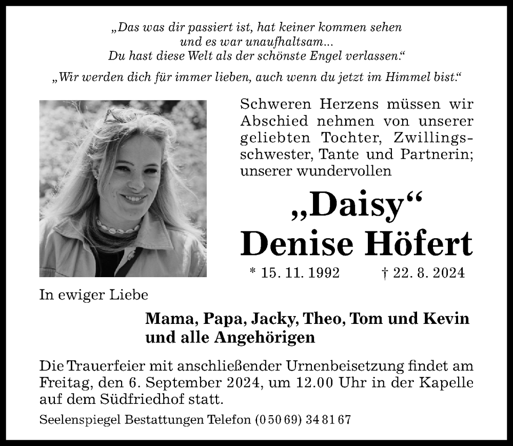  Traueranzeige für Denise Höfert vom 28.08.2024 aus Hildesheimer Allgemeine Zeitung