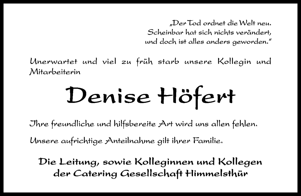  Traueranzeige für Denise Höfert vom 31.08.2024 aus Hildesheimer Allgemeine Zeitung