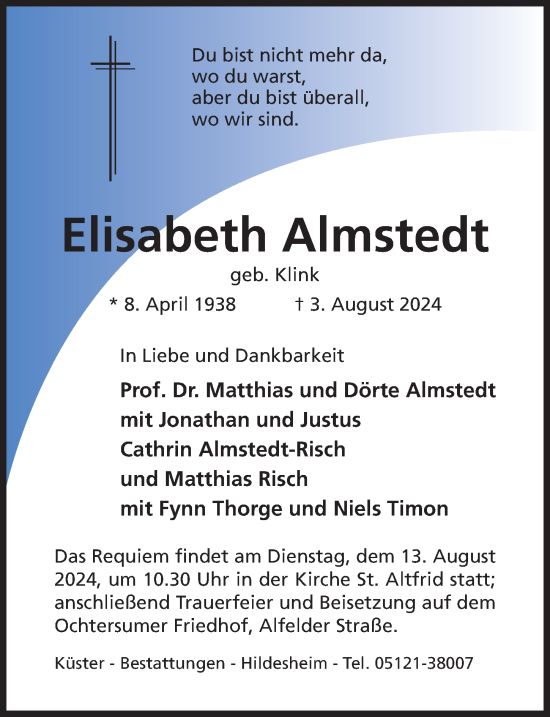 Traueranzeige von Elisabeth Almstedt von Hildesheimer Allgemeine Zeitung