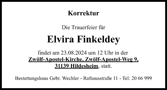 Traueranzeige von Elvira Finkeldey von Hildesheimer Allgemeine Zeitung