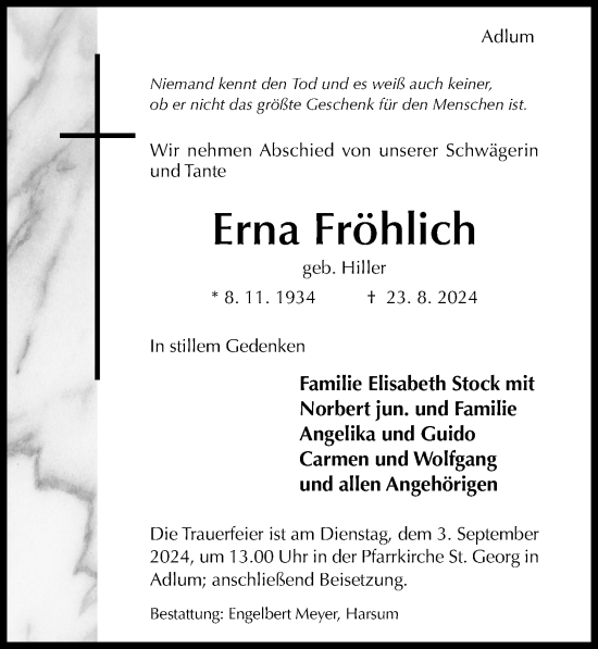 Traueranzeige von Erna Fröhlich von Hildesheimer Allgemeine Zeitung