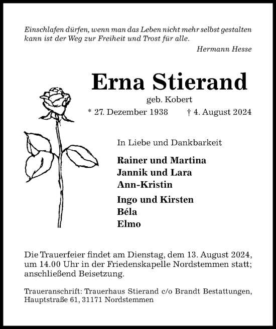 Traueranzeige von Erna Stierand von Hildesheimer Allgemeine Zeitung