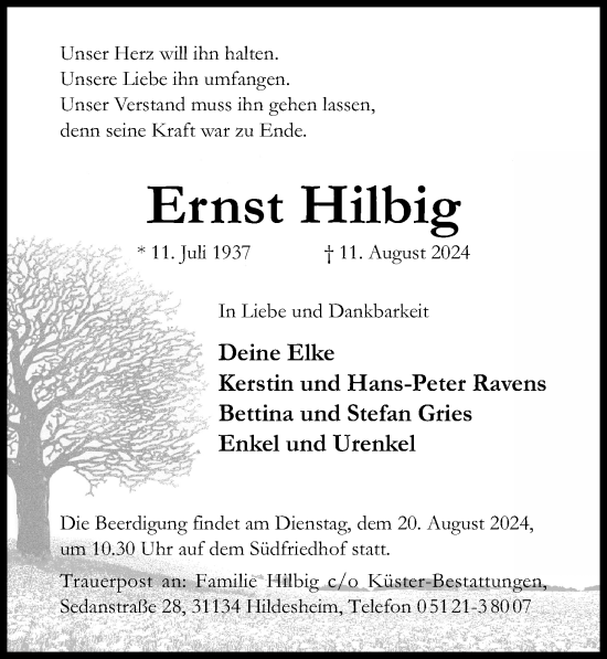 Traueranzeige von Ernst Hilbig von Hildesheimer Allgemeine Zeitung