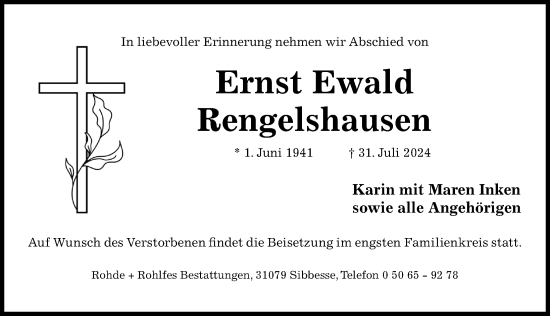 Traueranzeige von Ernst Ewald Rengelshausen von Hildesheimer Allgemeine Zeitung