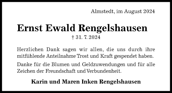 Traueranzeige von Ernst Ewald Rengelshausen von Hildesheimer Allgemeine Zeitung