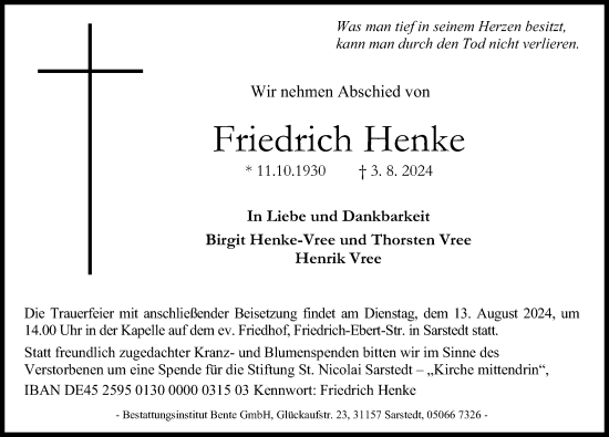 Traueranzeige von Friedrich Henke von Hildesheimer Allgemeine Zeitung