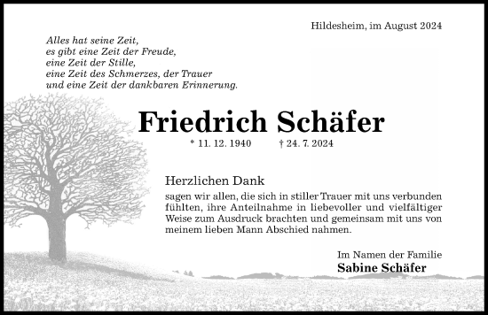 Traueranzeige von Friedrich Schäfer von Hildesheimer Allgemeine Zeitung