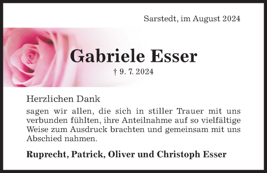 Traueranzeige von Gabriele Esser von Hildesheimer Allgemeine Zeitung